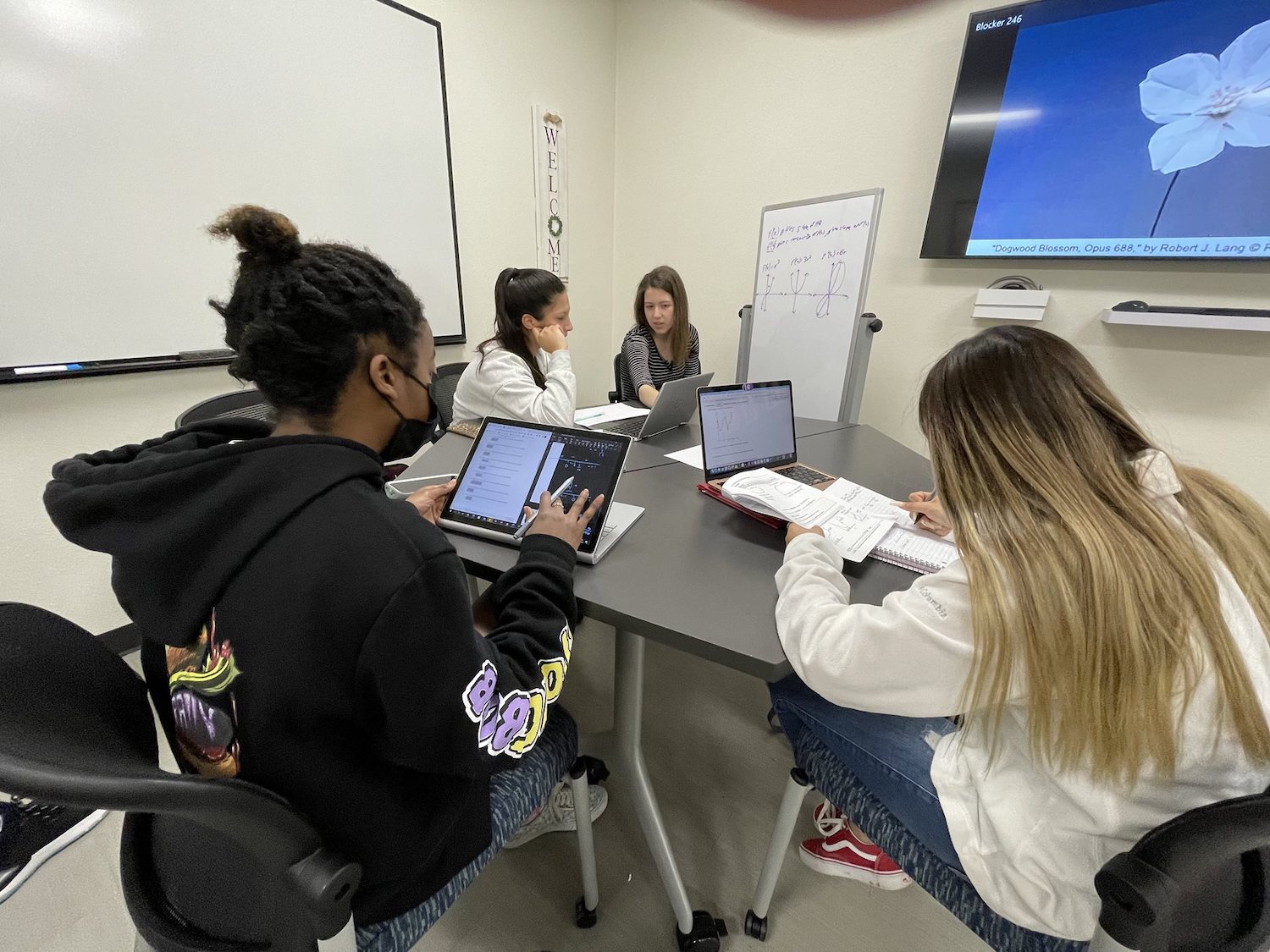 A group of students working on computers at a table with a tutor, the tutor is pointing at one students computer and has a whiteboard with graphed functions