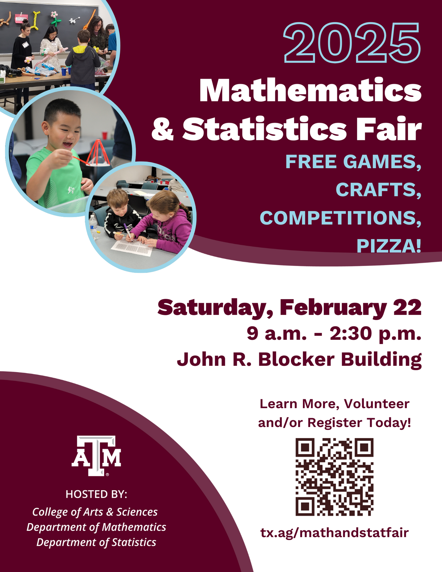 A flyer for the Mathematics and Statistics Fair on Saturday, February 22, 2025 in Blocker